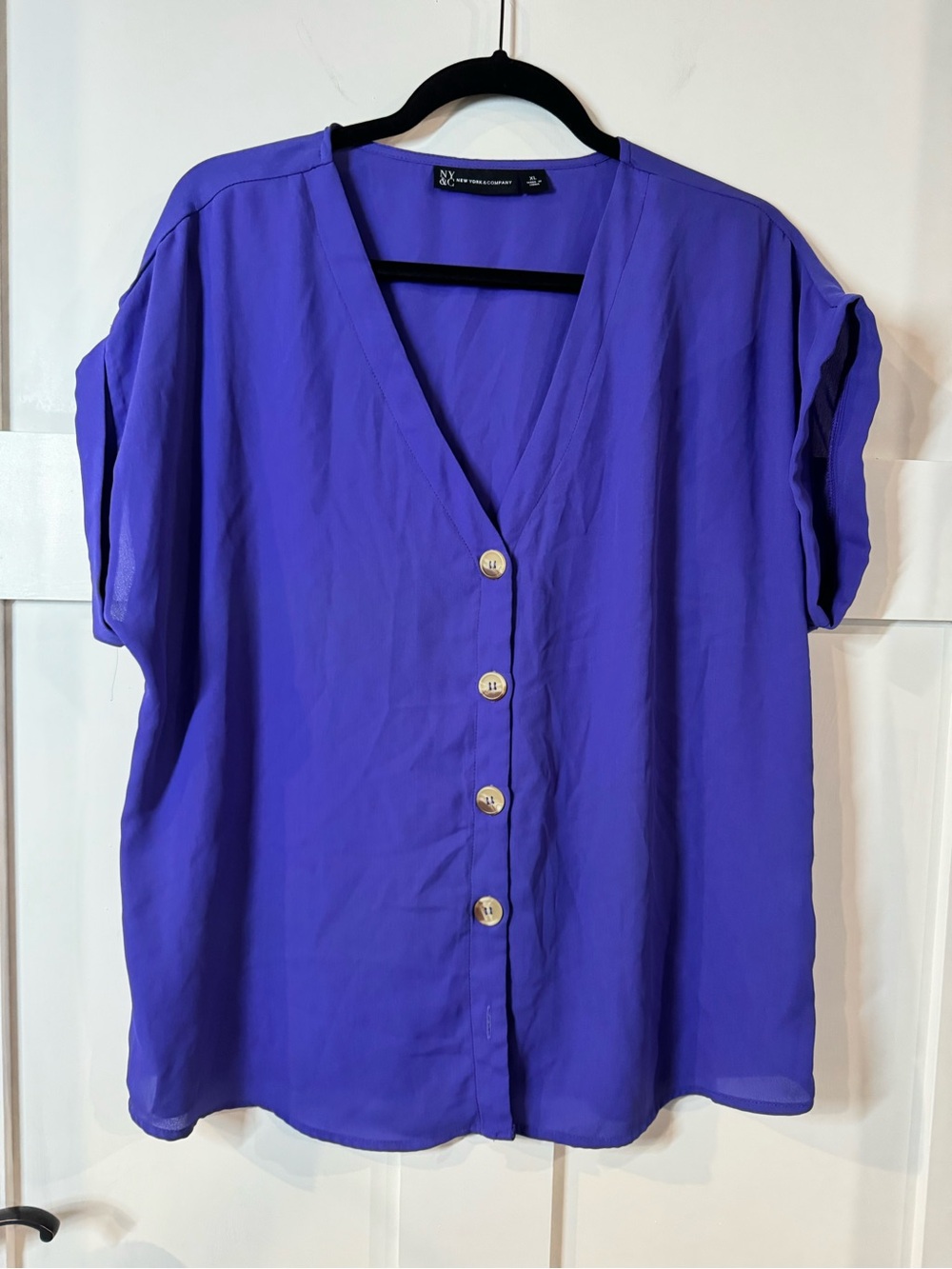 New York & Company Royal Purple V-Neck Button Front Blouse